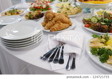 Buffet spread featuring culinary delights at a festive gathering with croissants and salads served on elegant tableware in a bright venue Buffet spread featuring culinary delights at a festive gathering with croissants and salads served on elegant tableware in a bright venue 124721735
