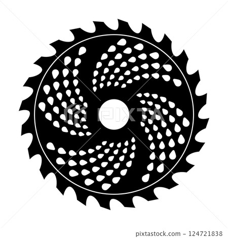 Circular Saw Blade with Spiral Pattern Vector Illustration. Black and white vector illustration of a circular saw blade with a unique and artistic design. 124721838