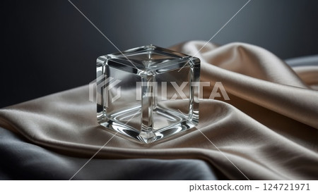 Transparent Glass Cube on Smooth Silk Fabric Background in Soft Lighting 124721971