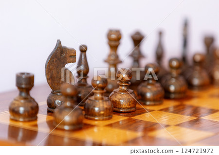 Wooden black chess pieces on the chessboard Wooden black chess pieces on the chessboard 124721972