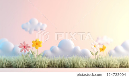 Clay cartoon style flowers under the blue sky 124722004