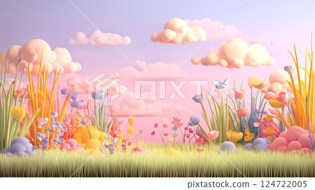 Clay cartoon style flowers under the blue sky 124722005