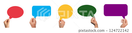 Hand holding speech bubble. Blank paper symbol for communication, message, note, talk, information, 124722142