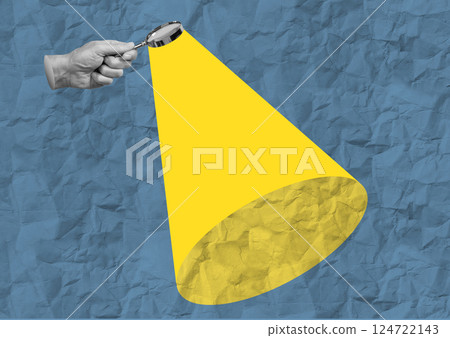 Magnify with glass lens. Hand holding magnifier for research, search, zoom, focus, investigation, 124722143
