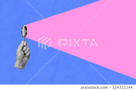 Search tool in hand. Woman holding magnifier for analysis, research, investigation, discovery, 124722144