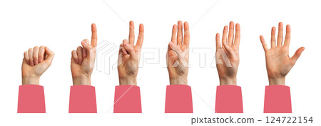 Hand showing counting gesture. Female palm and fingers displaying one, two, three, four, five Hand showing counting gesture. Female palm and fingers displaying one, two, three, four, five 124722154