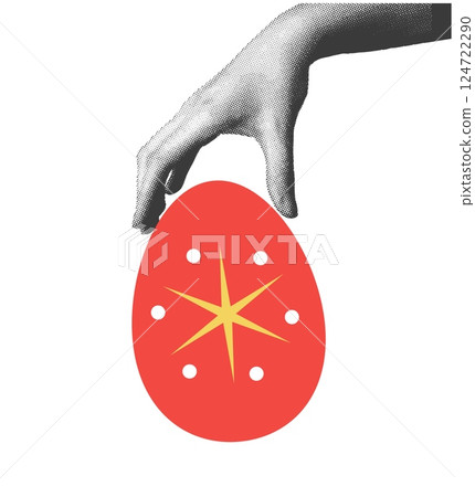 Easter egg in hand. Woman holding decorated, painted, dyed symbol of spring holiday, celebration, 124722290
