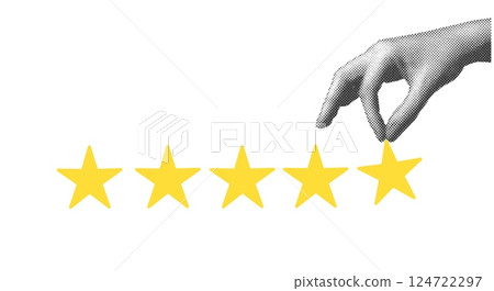 Star rating symbol. Hand showing five gold stars for review, quality, feedback, evaluation, Star rating symbol. Hand showing five gold stars for review, quality, feedback, evaluation, 124722297