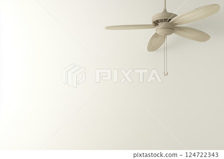 Modern Electric Ceiling Fan on Pastel Background for Room Cooling and Air Circulation 124722343