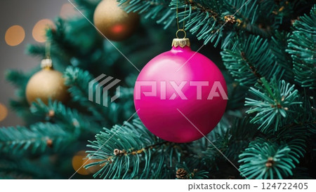 Christmas Ornament Hanging on a Festive Evergreen Tree Close Up 124722405