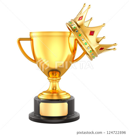 Gold trophy cup award with golden crown, 3D rendering 124722896