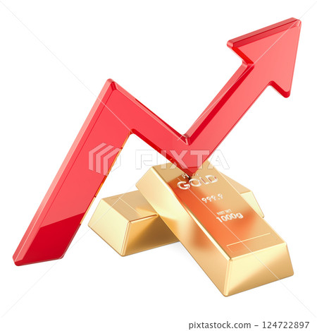 Golden bars with growth red arrow, 3D rendering 124722897