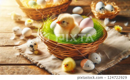 Easter eggs and chickens. 124722929