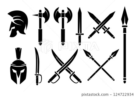 Set of icons of an ancient greek weapon. Design element for logo, label, sign, badge. Vector illustration Set of icons of an ancient greek weapon. Design element for logo, label, sign, badge. Vector illustration 124722934