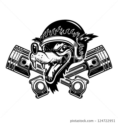 Illustration of the wolf biker with crossed pistons. Design element for logo, label, sign, emblem. Vector illustration Illustration of the wolf biker with crossed pistons. Design element for logo, label, sign, emblem. Vector illustration 124722951