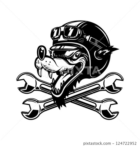 Illustration of the wolf racer with crossed wrenches. Design element for logo, label, sign, emblem. Vector illustration Illustration of the wolf racer with crossed wrenches. Design element for logo, label, sign, emblem. Vector illustration 124722952