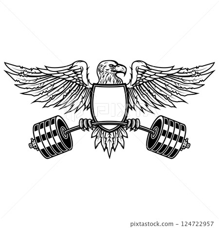Eagle holding a barbell. Gym mascot. Design element for logo, label, sign, emblem. Vector illustration Eagle holding a barbell. Gym mascot. Design element for logo, label, sign, emblem. Vector illustration 124722957