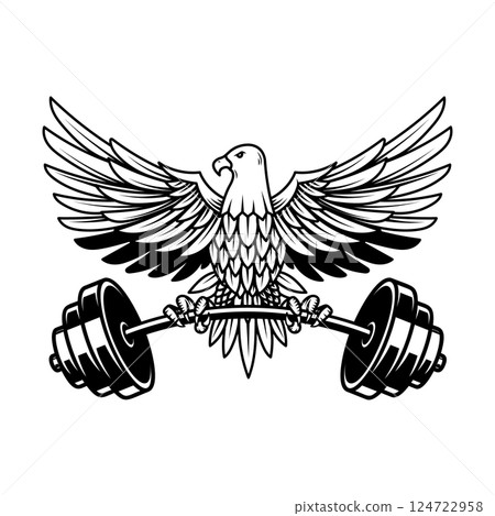 Eagle holding a barbell. Gym mascot. Design element for logo, label, sign, emblem. Vector illustration 124722958