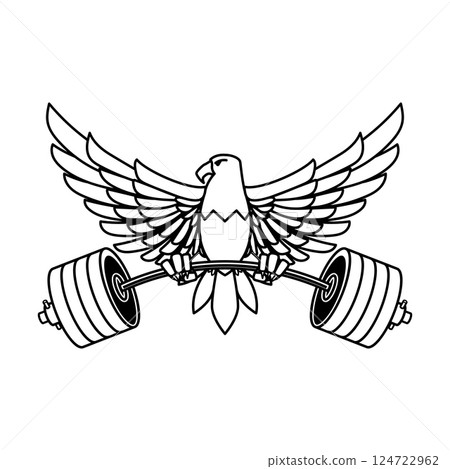 Eagle holding a barbell. Gym mascot. Design element for logo, label, sign, emblem. Vector illustration 124722962
