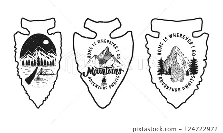 Set of Camping emblem in arrowhead shape. Design element for poster, card, banner, emblem, sign. Vector illustration 124722972