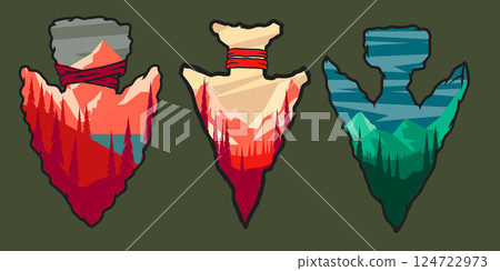 Set of emblems with arrowhead with mountain landscape. Design element for poster, card, banner, sign. Vector illustration Set of emblems with arrowhead with mountain landscape. Design element for poster, card, banner, sign. Vector illustration 124722973