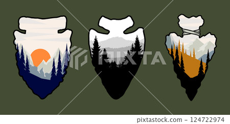 Set of emblems with arrowhead with mountain landscape. Design element for poster, card, banner, sign. Vector illustration 124722974