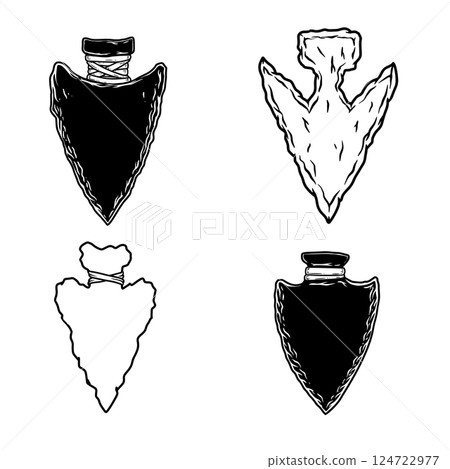 Set of Illustration of stone arrowhead. Design element for poster, card, banner, logo, emblem. Vector illustration Set of Illustration of stone arrowhead. Design element for poster, card, banner, logo, emblem. Vector illustration 124722977
