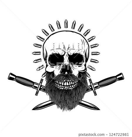 Illustration of the skull with crossed knives. Design element for logo, label, sign, emblem. Vector illustration 124722981