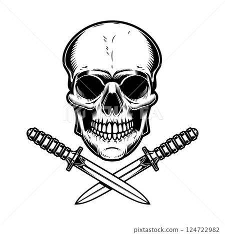 Illustration of the skull with crossed knives. Design element for logo, label, sign, emblem. Vector illustration Illustration of the skull with crossed knives. Design element for logo, label, sign, emblem. Vector illustration 124722982
