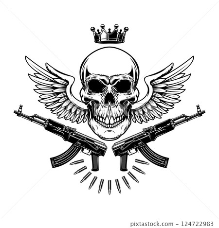 Illustration of the skull with crossed assault rifles. Design element for logo, label, sign, emblem. Vector illustration 124722983