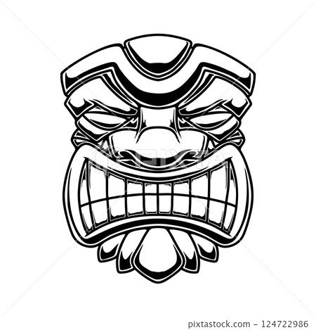 Illustration of Tiki tribal wooden mask. Design element for logo, emblem, sign, poster, card, banner. Vector illustration Illustration of Tiki tribal wooden mask. Design element for logo, emblem, sign, poster, card, banner. Vector illustration 124722986