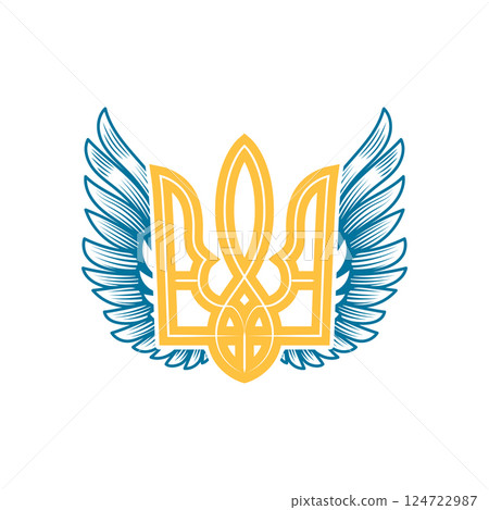 Ukrainian trident with wings. Ukrainian sign. Design for label, badge, emblem, poster card. Vector illustration 124722987