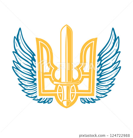 Ukrainian trident with wings. Ukrainian sign. Design for label, badge, emblem, poster card. Vector illustration 124722988