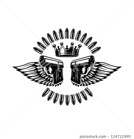 Two guns and wings with king crown. Design element for logo, label, sign, poster, badge. Vector illustration Two guns and wings with king crown. Design element for logo, label, sign, poster, badge. Vector illustration 124722995
