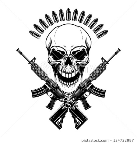 Illustration of the skull with crossed assault rifles. Design element for logo, label, sign, emblem. Vector illustration Illustration of the skull with crossed assault rifles. Design element for logo, label, sign, emblem. Vector illustration 124722997