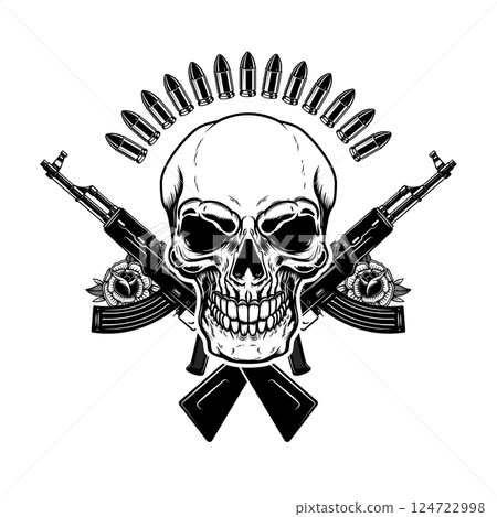 Illustration of the skull with crossed assault rifles. Design element for logo, label, sign, emblem. Vector illustration 124722998