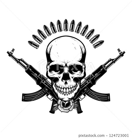 Illustration of the skull with crossed assault rifles. Design element for logo, label, sign, emblem. Vector illustration Illustration of the skull with crossed assault rifles. Design element for logo, label, sign, emblem. Vector illustration 124723001