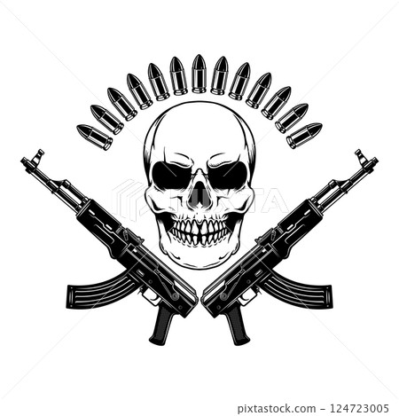 Illustration of the skull with crossed assault rifles. Design element for logo, label, sign, emblem. Vector illustration 124723005