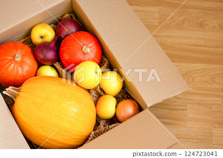 A set of products in a packaging cardboard box, vegetables for home delivery, copy space A set of products in a packaging cardboard box, vegetables for home delivery, copy space 124723041