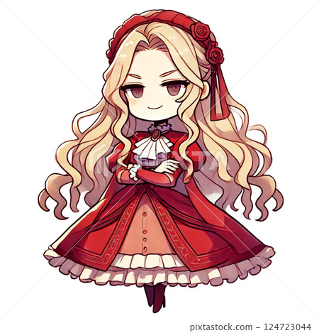 金髮反派角色（紅色連身裙、傲嬌臉、動漫風格 SD 插畫） 124723044