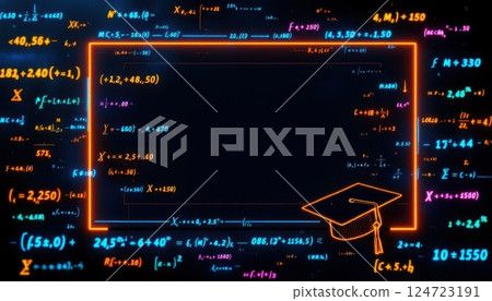 A futuristic digital blackboard displaying various colorful mathematical equations and formulas, with a neon orange graduation cap icon in the bottom right corner. A futuristic digital blackboard displaying various colorful mathematical equations and formulas, with a neon orange graduation cap icon in the bottom right corner. 124723191