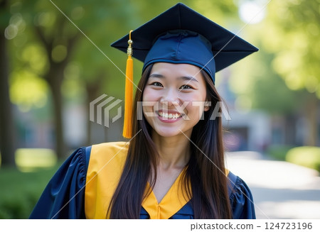 A smiling young Asian woman is wearing a navy blue and gold graduation gown with a matching mortarboard cap adorned with a gold tassel. She appears to be standing outdoors on a university campus. 124723196