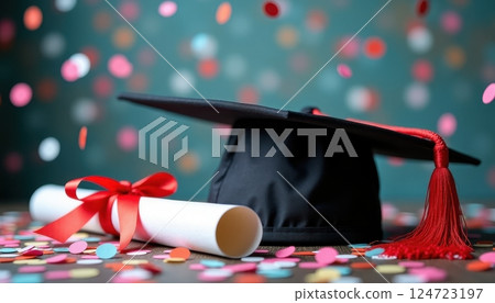 A black graduation cap with a red tassel sits alongside a rolled diploma tied with a red ribbon. The scene is set against a teal background with colorful confetti scattered around. A black graduation cap with a red tassel sits alongside a rolled diploma tied with a red ribbon. The scene is set against a teal background with colorful confetti scattered around. 124723197