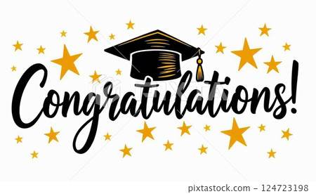 A festive graduation-themed illustration featuring the word Congratulations! in black cursive script. Above the text is a black graduation cap with a gold tassel.  124723198