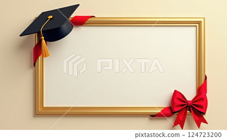 A golden picture frame with a blank white space inside, adorned with graduation symbols. A black graduation cap with a golden tassel sits on the top left corner of the frame. 124723200