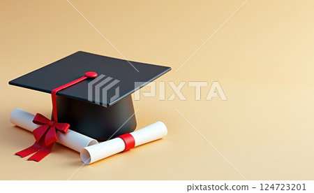 A 3D rendering of a black graduation cap with a red tassel alongside two rolled diplomas tied with red ribbons. The items are placed on a smooth beige surface against a gradient beige background.  124723201