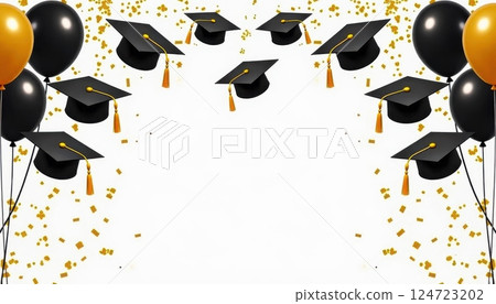 A festive graduation-themed illustration featuring multiple black graduation caps with gold tassels floating against a white background. The image is framed by clusters of black. 124723202