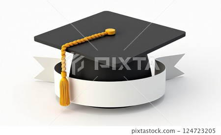A 3D rendering of a black graduation cap with a gold tassel, sitting on a white circular base with a ribbon-like extension. The image is set against a white background. A 3D rendering of a black graduation cap with a gold tassel, sitting on a white circular base with a ribbon-like extension. The image is set against a white background. 124723205