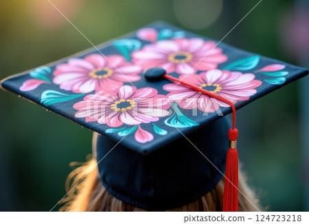 This image features a beautifully decorated graduation cap. The mortarboard is adorned with a vibrant floral design, showcasing pink and purple flowers with teal leaves against a dark background.  This image features a beautifully decorated graduation cap. The mortarboard is adorned with a vibrant floral design, showcasing pink and purple flowers with teal leaves against a dark background.  124723218
