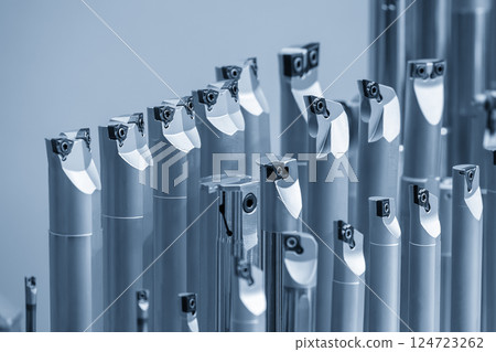 The group of CNC lathe tool in the light blue scene. The group of CNC lathe tool in the light blue scene. 124723262